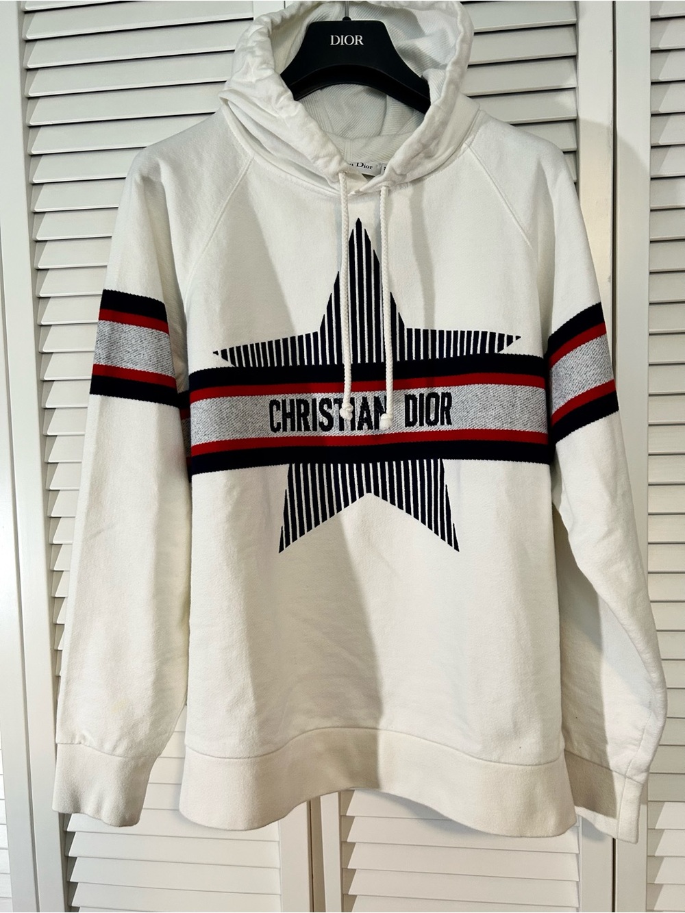 Dior Cream Hoodie with Navy Star and Red-Black Stripe Accent
